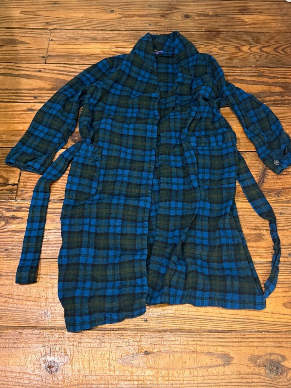Vintage PENDLETON 100% Virgin Wool Blue Green Tartan Plaid Belted Robe 60/70s